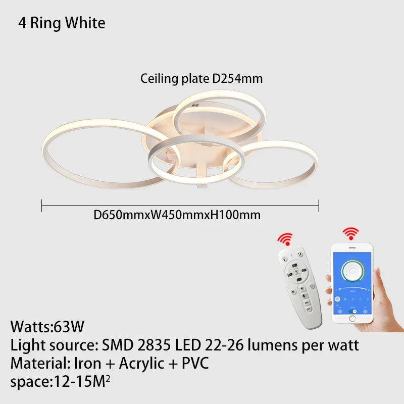 Lustre Led moderne anneau Led plafonniers salon chambre lumières plafond noir/blanc 1-5 anneau d'éclairage APP/lustre à distance