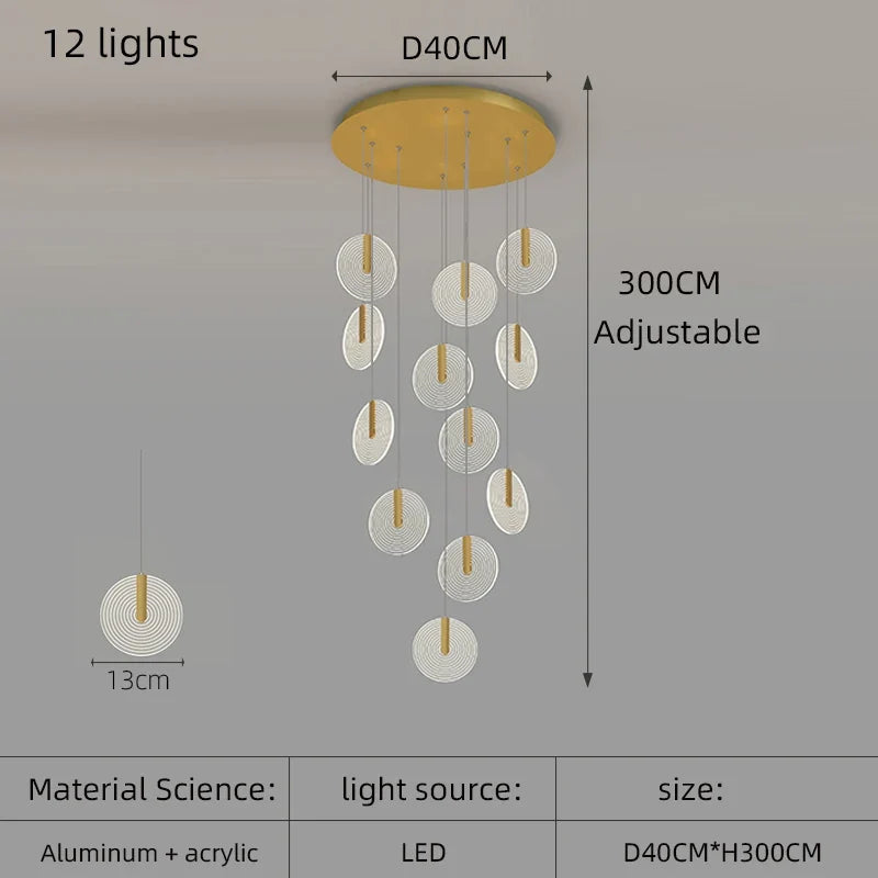 lustre à led moderne pour escalier en colimaçon haut plafond