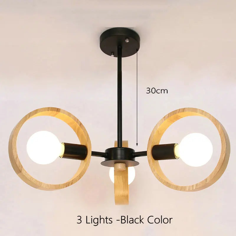 Lampe de lustre en bois nordique pour salon chambre salle à manger décor abat-jour en bois rond noir E27 Suspension