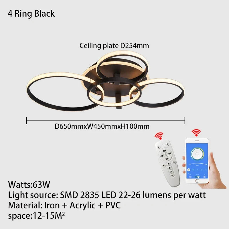 Lustre Led moderne anneau Led plafonniers salon chambre lumières plafond noir/blanc 1-5 anneau d'éclairage APP/lustre à distance