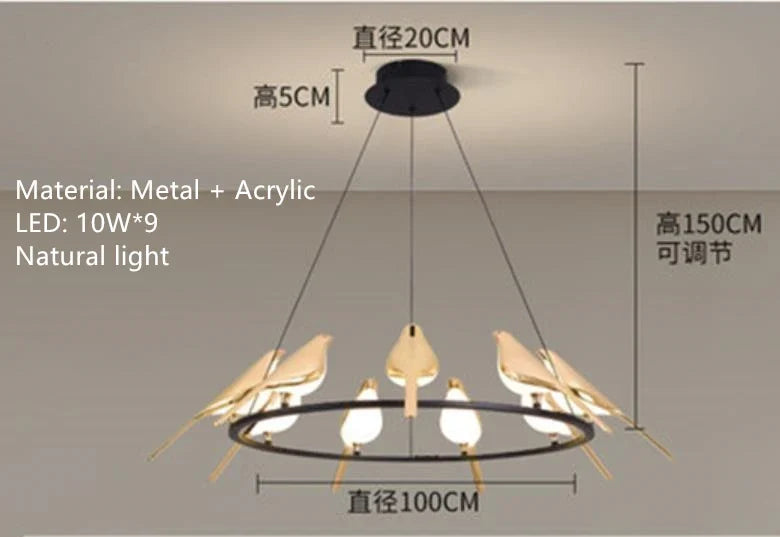 suspension LED oiseau fantaisie plaquée or design moderne ajustable