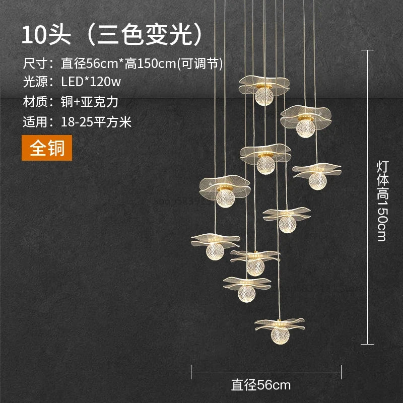 lustre moderne en acrylique et cuivre led feuille de lotus