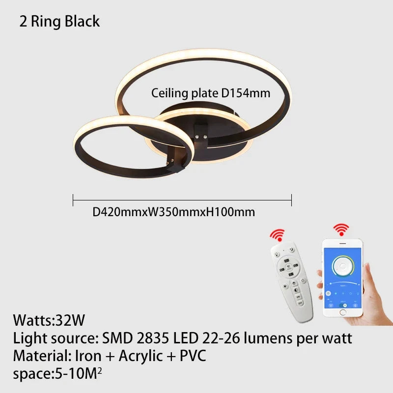 Lustre Led moderne anneau Led plafonniers salon chambre lumières plafond noir/blanc 1-5 anneau d'éclairage APP/lustre à distance
