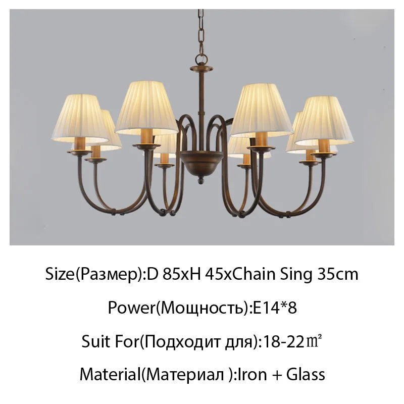 Lustre de pays européen et américain classique en fer forgé salon chambre lampe salle à manger tissu abat-jour lustre