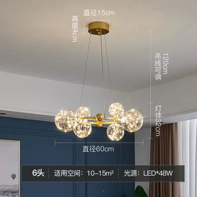 lustre moderne de luxe avec anneaux led et boule de verre