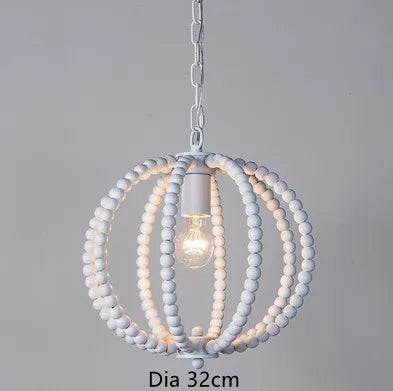 lustre rond en perles de bois style rétro rustique en fer blanc