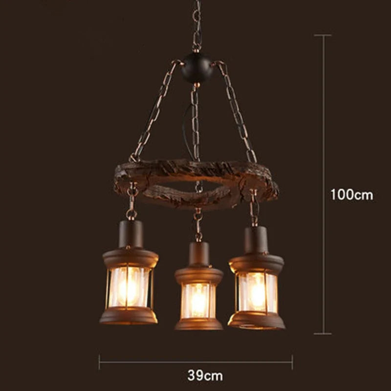 lustre vintage loft en bois avec suspension LED