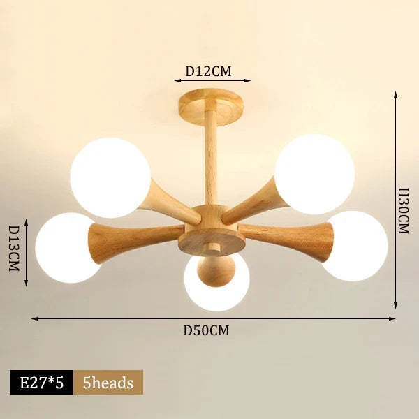lustre moderne en bois avec abat-jour en verre