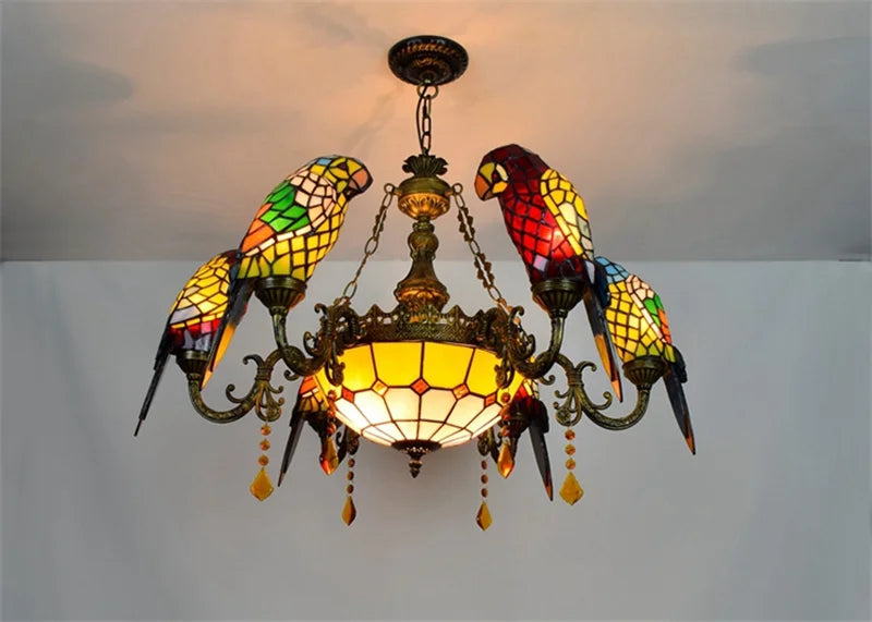 lustre tiffany vitrail lumineux oiseau perroquet design élégant intérieur