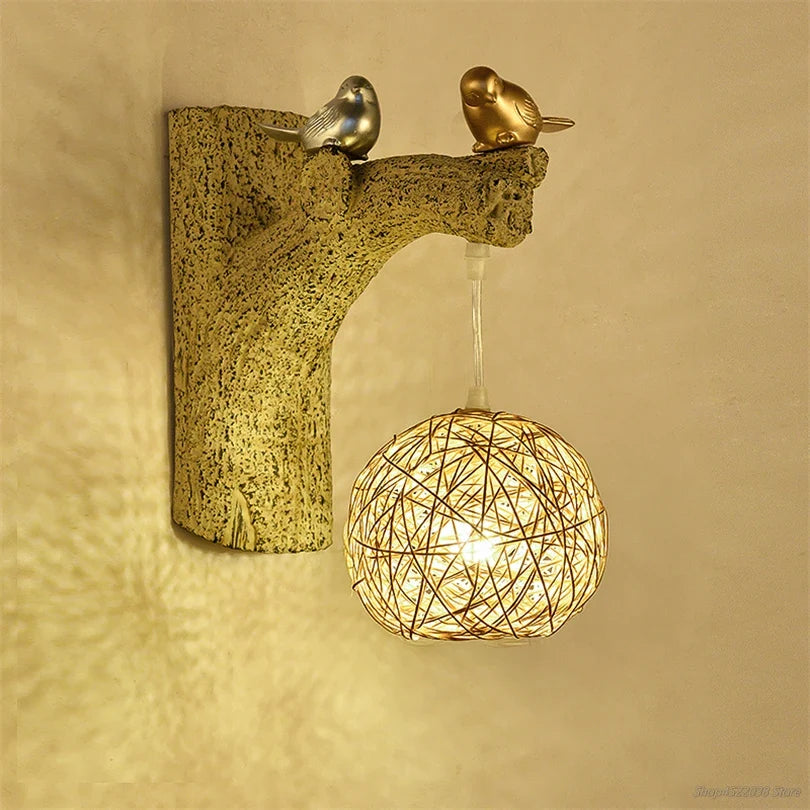 applique murale style chinois oiseaux résine rotin éclairage déco