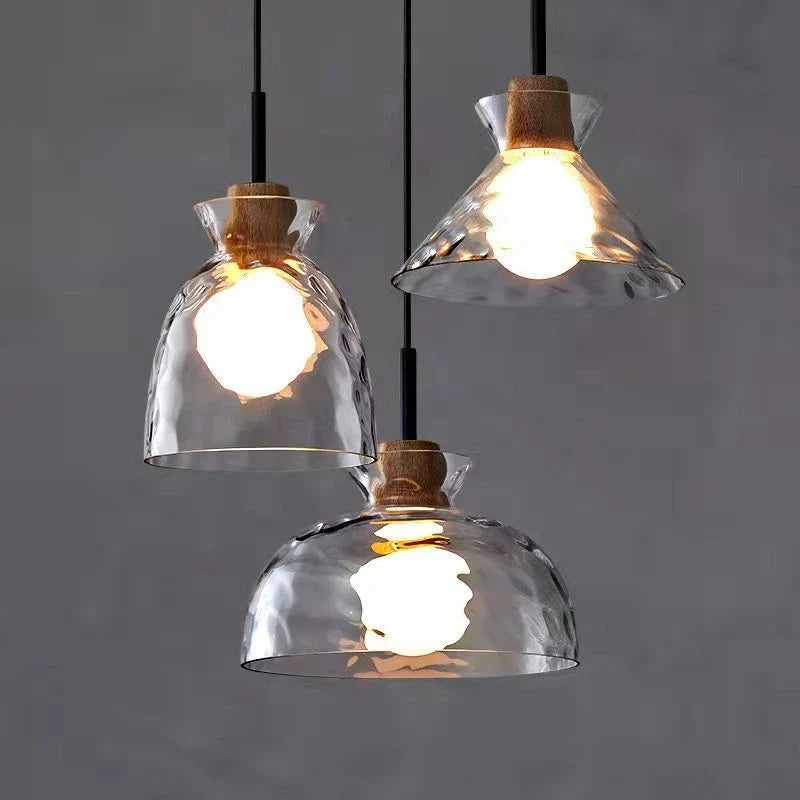 suspension led en verre grain d'eau et bois nordique rétro