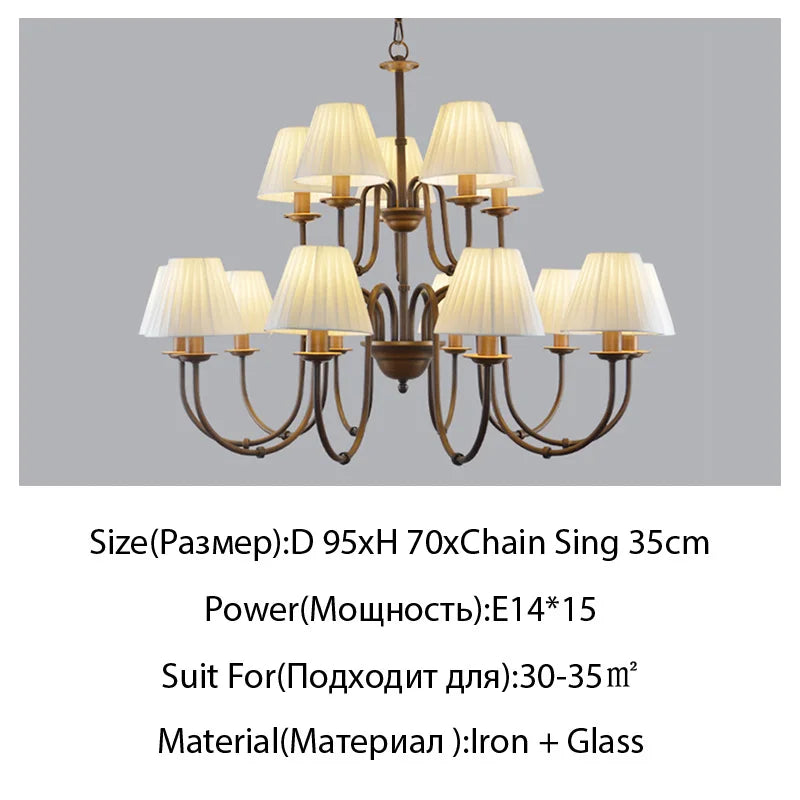 Lustre de pays européen et américain classique en fer forgé salon chambre lampe salle à manger tissu abat-jour lustre