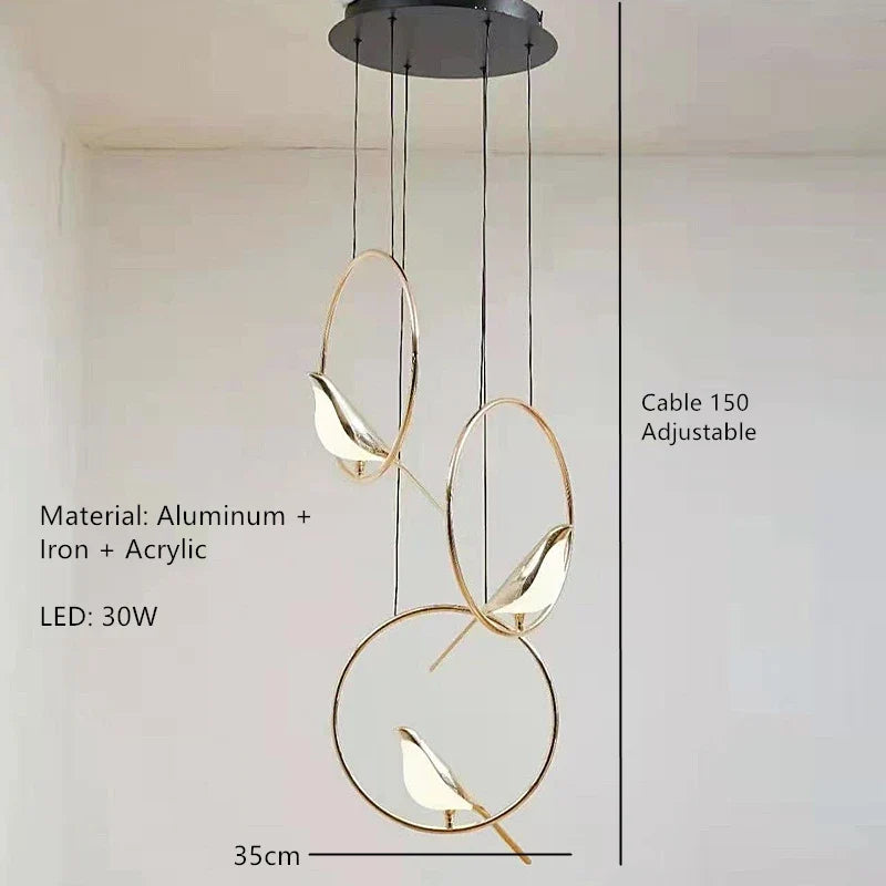 suspension LED oiseau fantaisie plaquée or design moderne ajustable