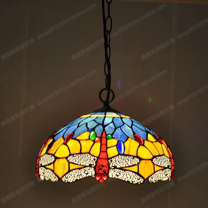 suspension libellule style européen éclairage vintage vitrail tiffany