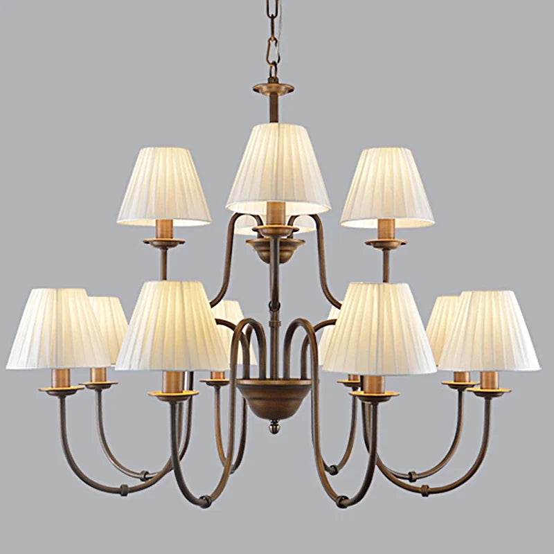 Lustre de pays européen et américain classique en fer forgé salon chambre lampe salle à manger tissu abat-jour lustre