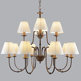 Lustre de pays européen et américain classique en fer forgé salon chambre lampe salle à manger tissu abat-jour lustre