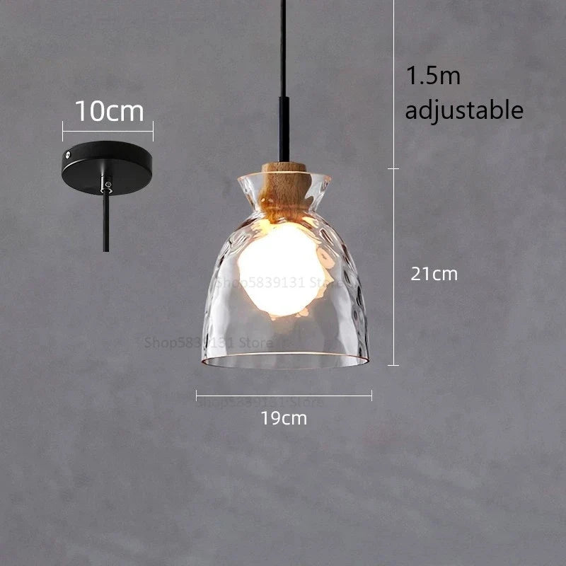 suspension led en verre grain d'eau et bois nordique rétro