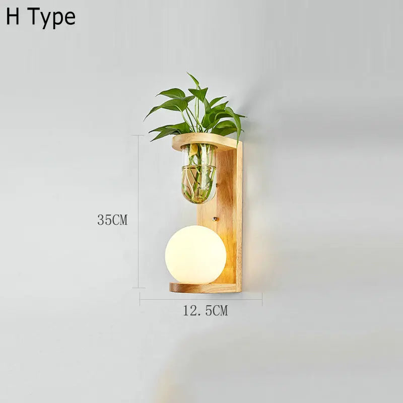 applique murale nordique bois plante verte abat-jour verre led