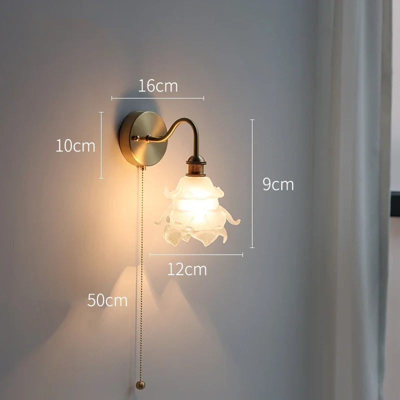 Applique murale fleur verre cuivre tirer chaîne interrupteur LED chambre salle de bain miroir escalier lumière nordique moderne