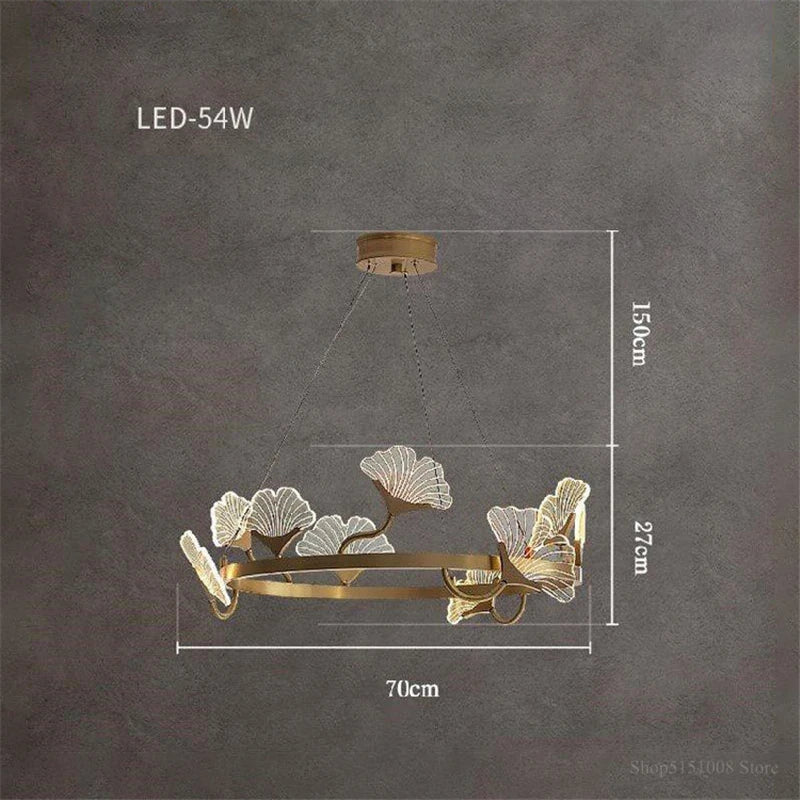 lustre en cuivre simple avec feuilles led style chinois