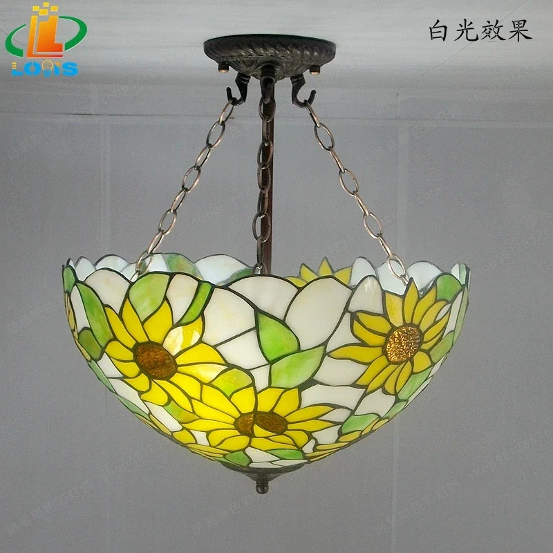 40CM Sunflower Yellow Glass Tiffanylamps Anti Chandeliers Bedroom, Living Room Lamps US French Bar Entrance Lighting
