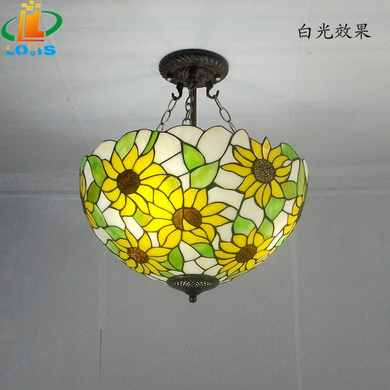 40CM Sunflower Yellow Glass Tiffanylamps Anti Chandeliers Bedroom, Living Room Lamps US French Bar Entrance Lighting