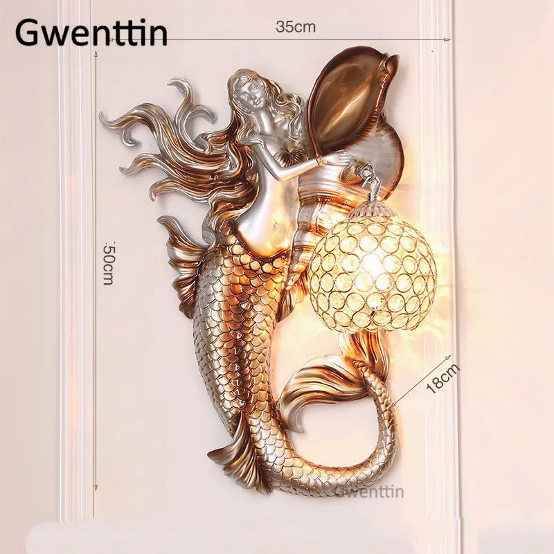 applique murale sirène en résine européenne avec lumière LED décorative