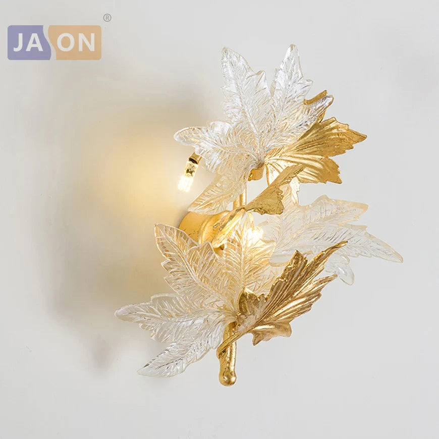 lampe led g4 moderne en cuivre et verre avec feuilles d'érable
