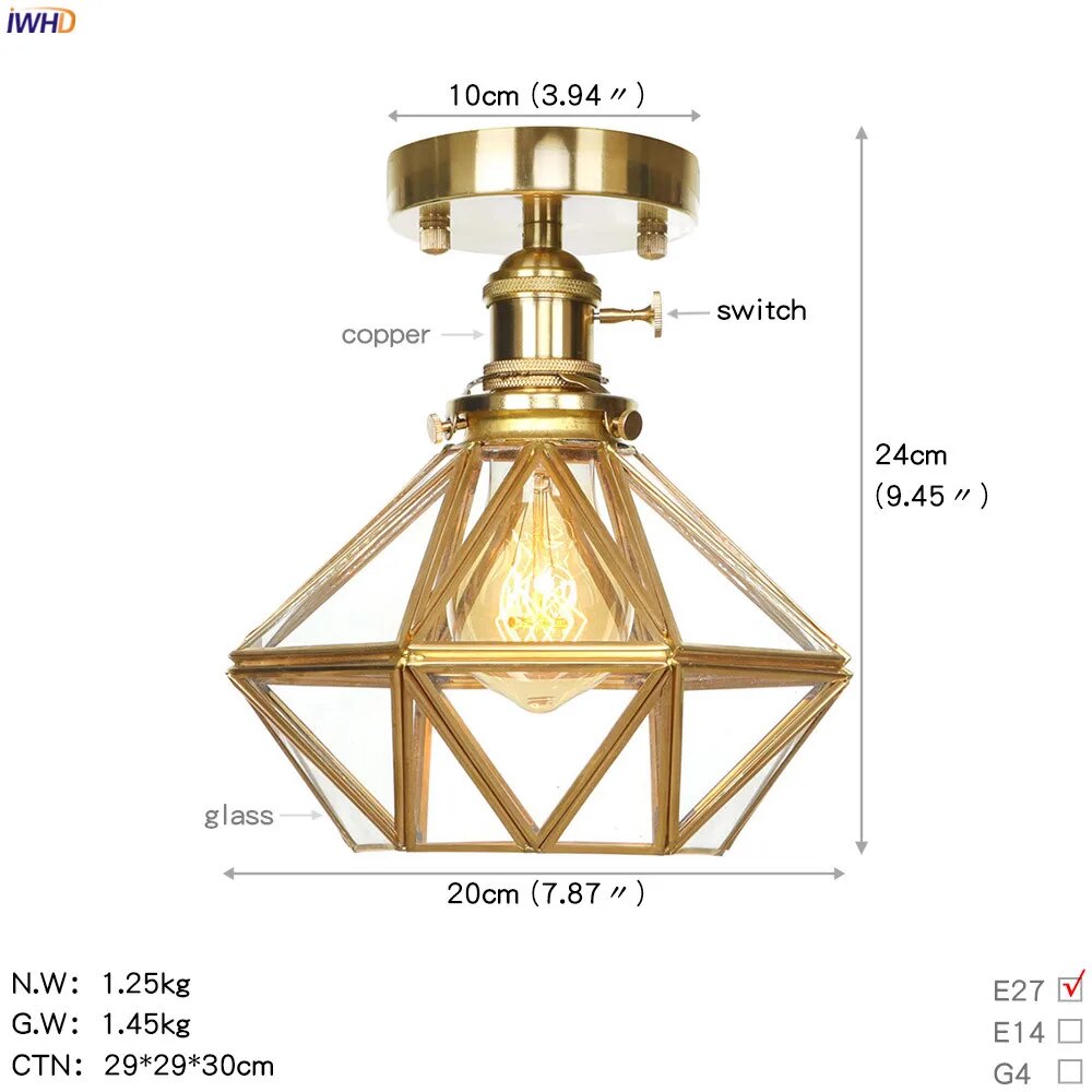 plafonnier nordique style cuivre avec abat-jour en verre