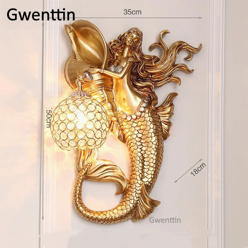 applique murale sirène en résine européenne avec lumière LED décorative
