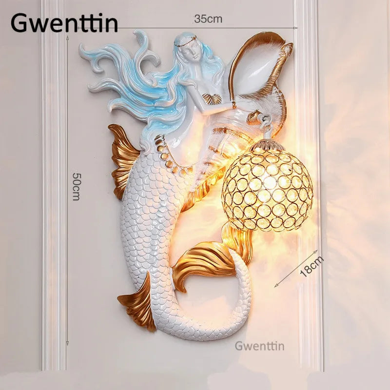 applique murale sirène en résine européenne avec lumière LED décorative