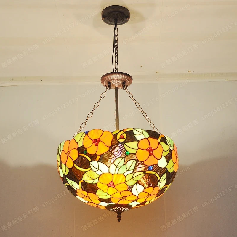 lustre de style anti-européen avec fleurs riches en verre tiffany