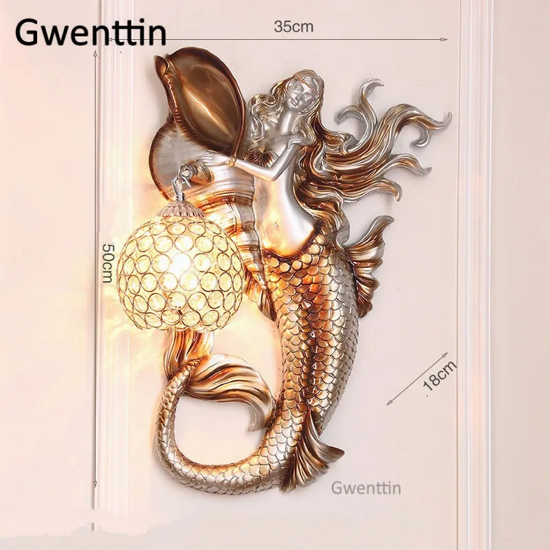 applique murale sirène en résine européenne avec lumière LED décorative