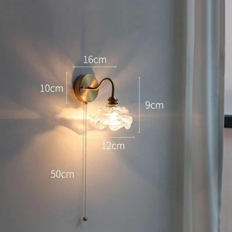 Applique murale fleur verre cuivre tirer chaîne interrupteur LED chambre salle de bain miroir escalier lumière nordique moderne