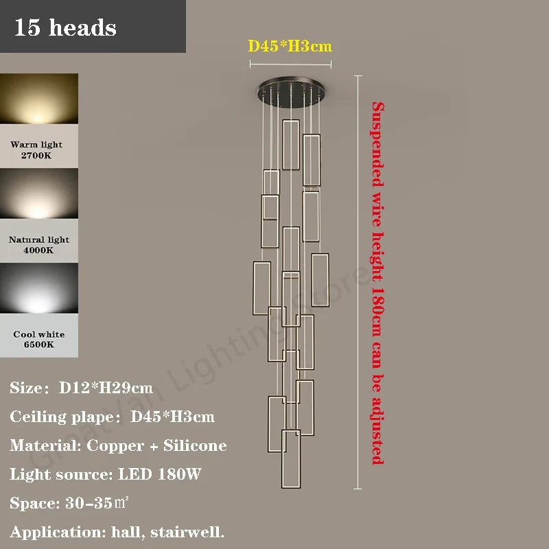 lustre led rectangulaire moderne en cuivre pour escaliers et loft