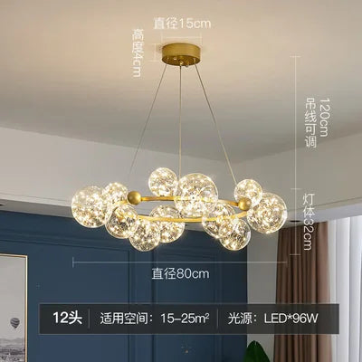 lustre moderne de luxe avec anneaux led et boule de verre