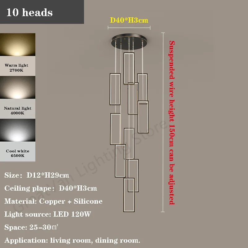 lustre led rectangulaire moderne en cuivre pour escaliers et loft
