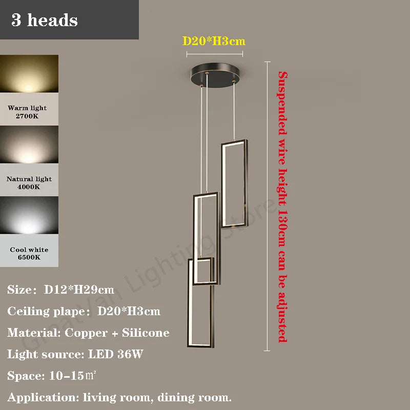 lustre led rectangulaire moderne en cuivre pour escaliers et loft