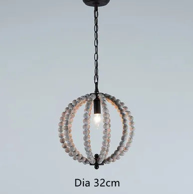 lustre rond en perles de bois style rétro rustique en fer blanc