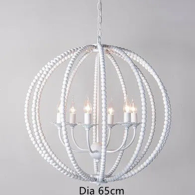 lustre rond en perles de bois style rétro rustique en fer blanc