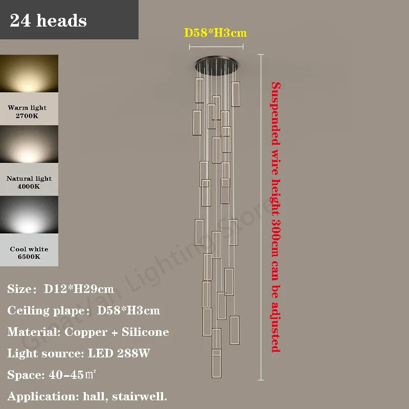 lustre led rectangulaire moderne en cuivre pour escaliers et loft