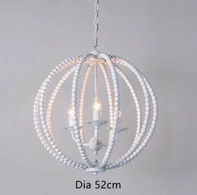 lustre rond en perles de bois style rétro rustique en fer blanc