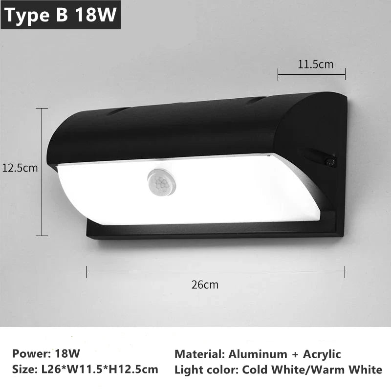 18W 30W Outdoor LED Wall Lamp PIR Motion Sensor IP65 Waterproof Porch Light Balcony Garden Corridor Wall Sconce Lighting Fixture