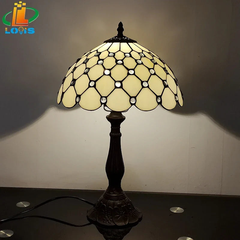 12 Inch European Crystal Bead Glass Table Lamp Tiffany Style Study Room Reading Bar Table Lighting Simple Retro Art Metal Base