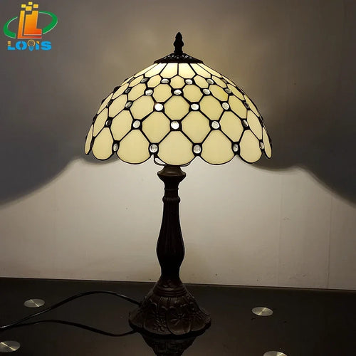 12 Inch European Crystal Bead Glass Table Lamp Tiffany Style Study Room Reading Bar Table Lighting Simple Retro Art Metal Base