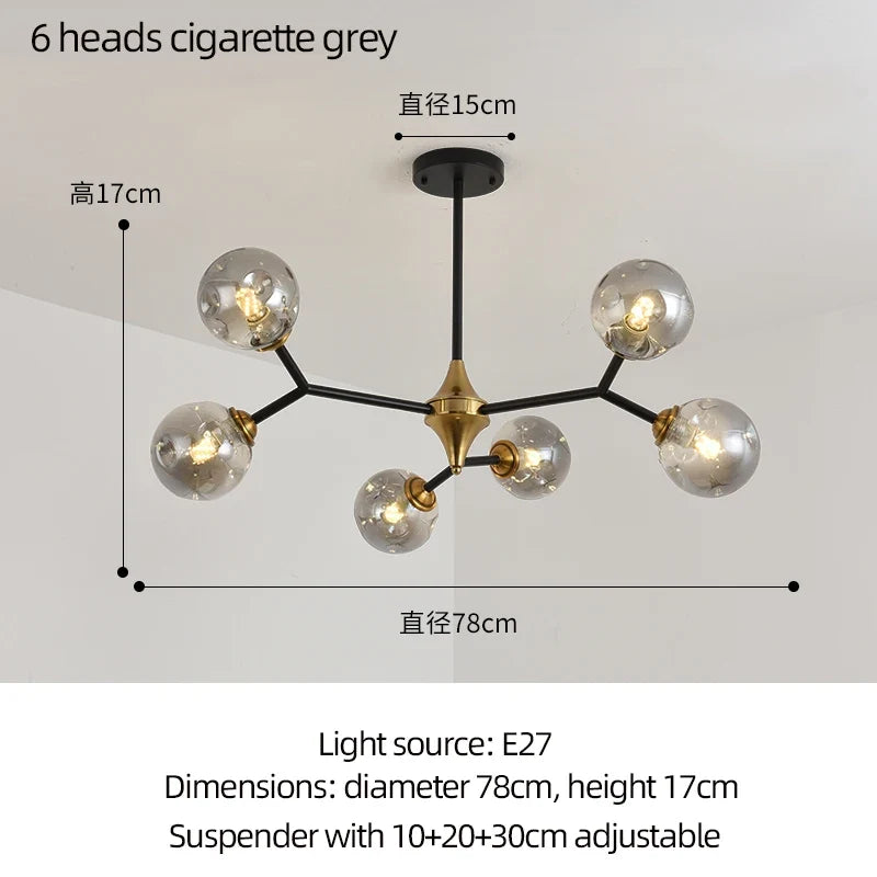 lustre moderne à branches rotatives en verre avec éclairage led