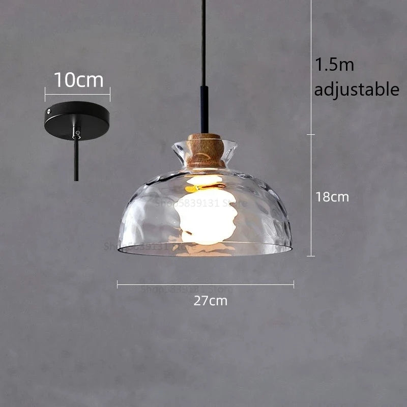 suspension led en verre grain d'eau et bois nordique rétro