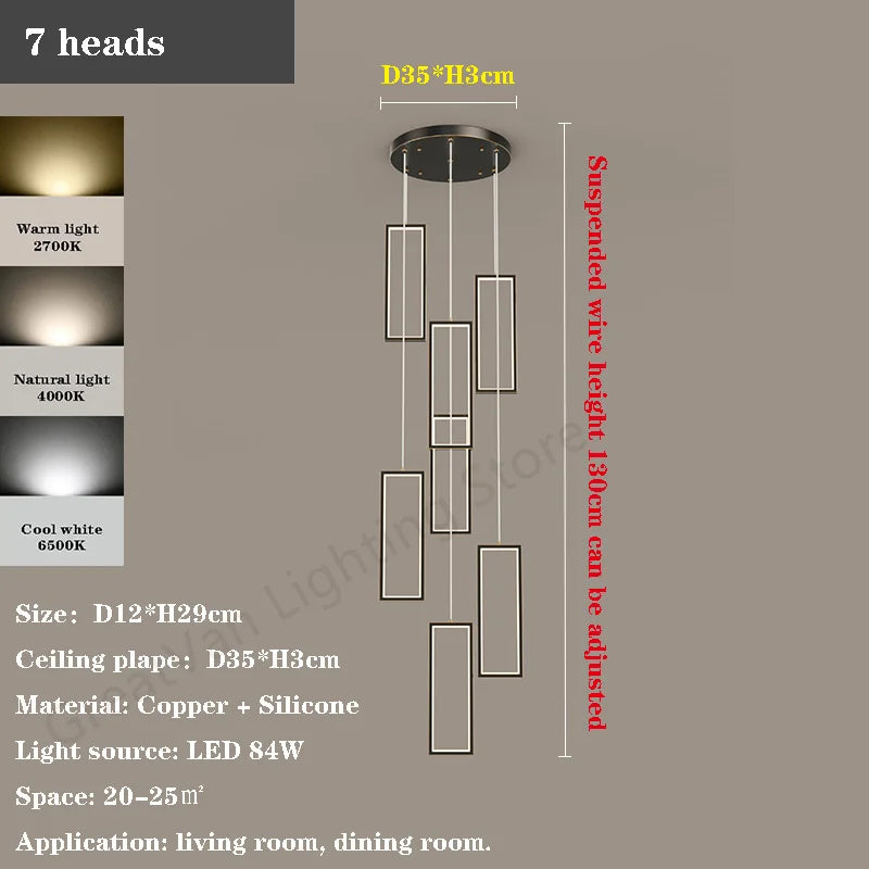 lustre led rectangulaire moderne en cuivre pour escaliers et loft