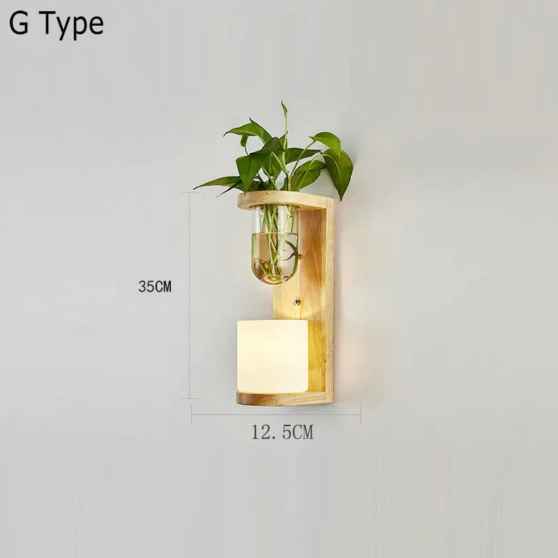 applique murale nordique bois plante verte abat-jour verre led