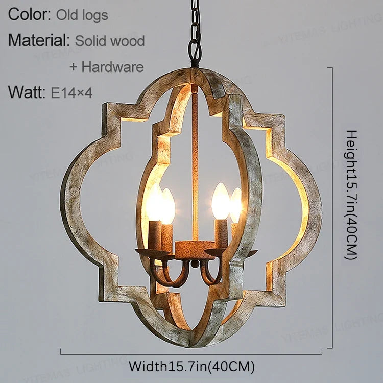 Vintage lustre en bois massif éclairage à la maison style français américain pour salon chambre à manger cuisine rétro blanc 4 lumières